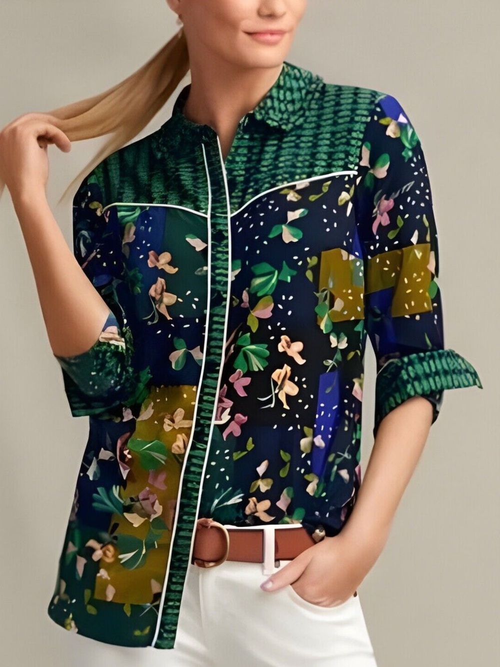NWOT CAbi 2250 Pronco Western Floral Patchwork Blouse Women’s Size Medium